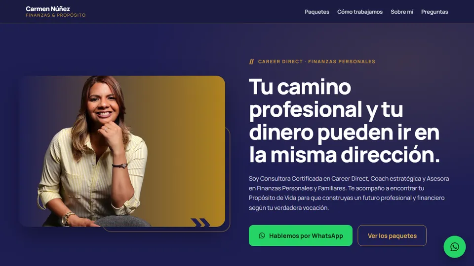 Landing page de una consultoría de finanzas personales, con foto de la consultora y botón de contacto