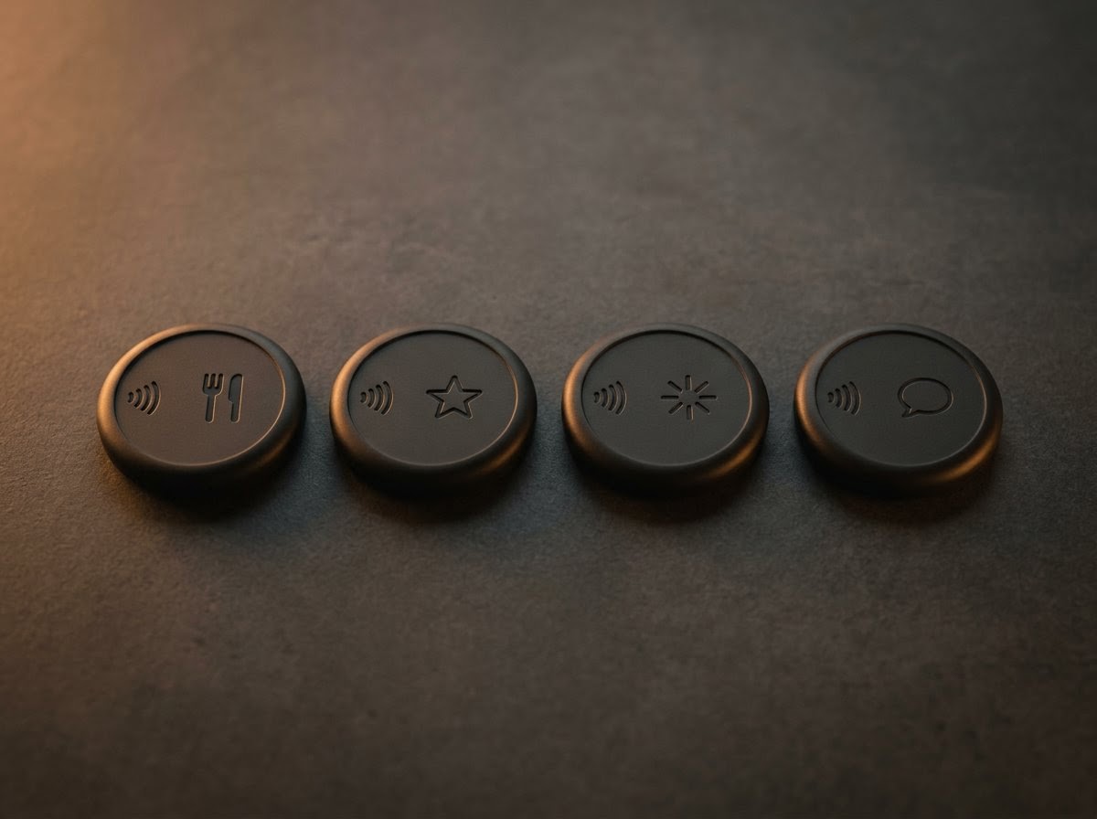 Cuatro discos NFC negros tipo puck con íconos de menú, reseña, redes sociales y WhatsApp sobre una superficie oscura